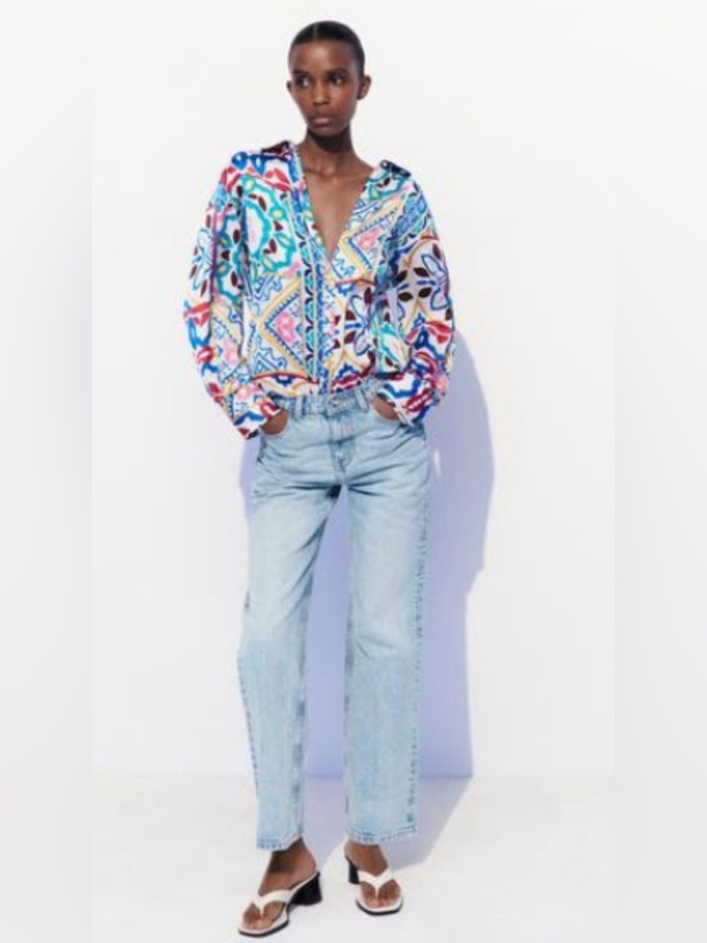 Zara Satin Effecf Colorblock Geometric Print Button-Down Shirt
